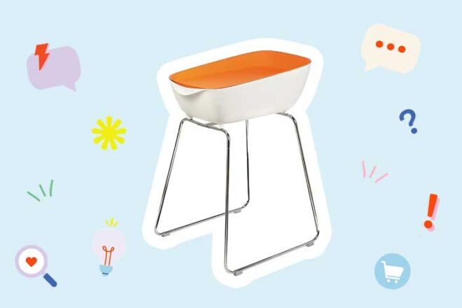 baby bath on stand with illustrations around