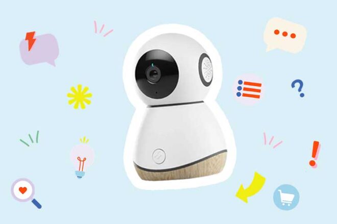 Baby monitor surrounded by baby gear illustrations