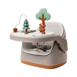 Booster feeding seat strapped to a dining chair